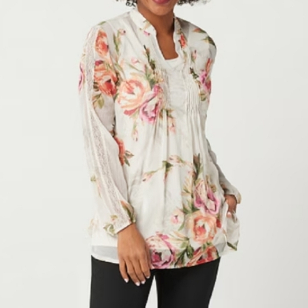 Susan Graver Sheer Floral Chiffon Tunic 2 Piece Set with Lace Trim from QVC
